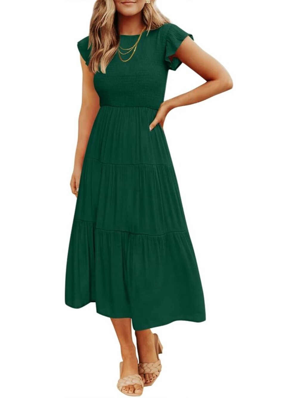 Women's Dark Green Crew Neck Casual Classic Short Sleeve Pull On Midi Dresses